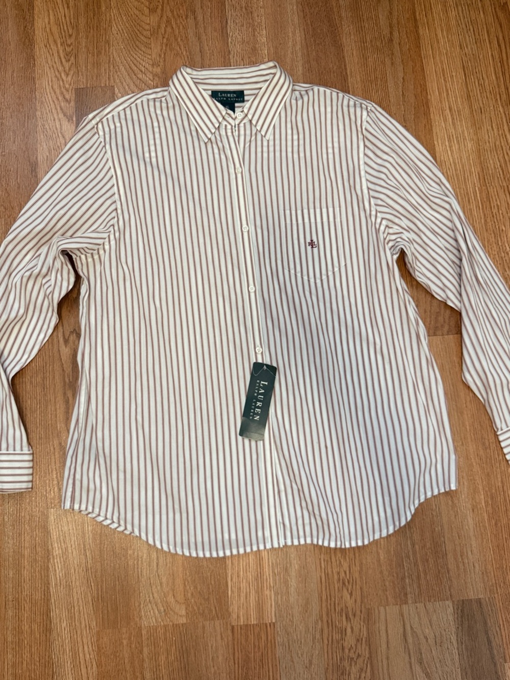 Lauren Ralph Lauren White 100% Cotton Button-Down Shirt with Red Stripes